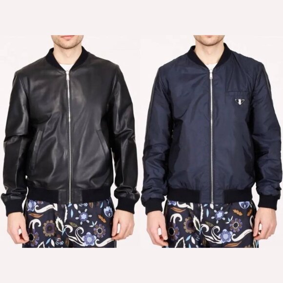 Prada Black Reversible Leather and Nylon Bomber Jacket - Picture 1 of 14
